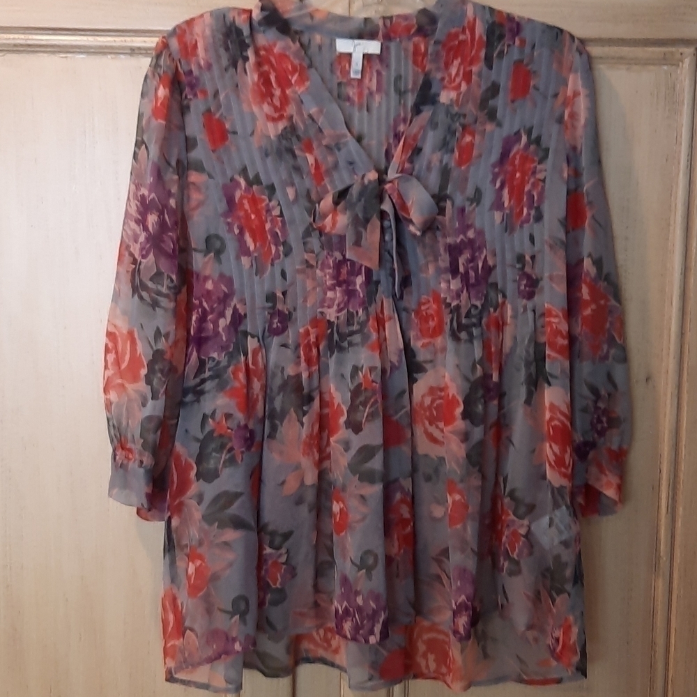 Joie small gray pink silk bow 3/4 sleeve blouse